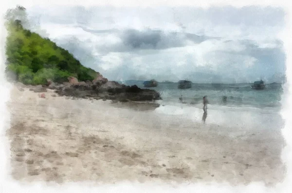 Landscape Sea Rocky Beach Watercolor Style Illustration Impressionist Painting — Foto de Stock