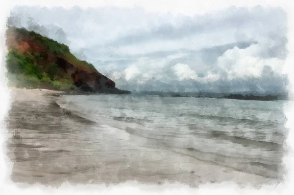 Landscape Sea Rocky Beach Watercolor Style Illustration Impressionist Painting — 스톡 사진