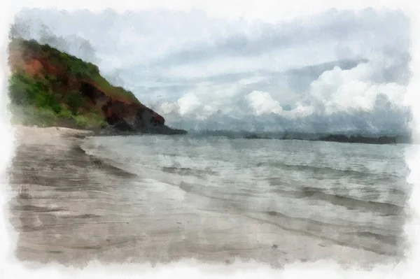 Landscape Sea Rocky Beach Watercolor Style Illustration Impressionist Painting — Stockfoto