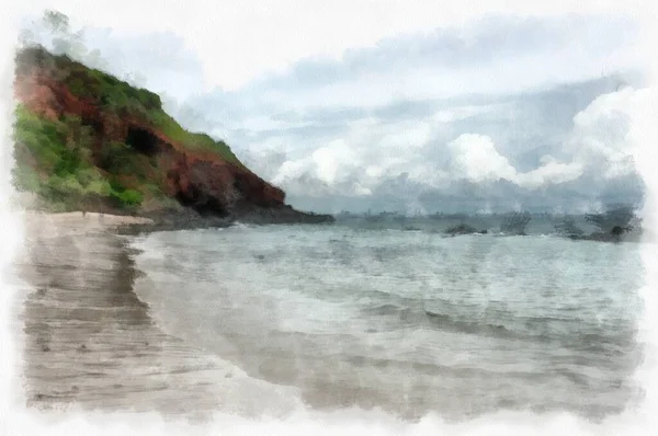 Landscape Sea Rocky Beach Watercolor Style Illustration Impressionist Painting — 스톡 사진