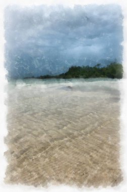 Seaside landscape fishing village and beach watercolor style illustration impressionist painting.