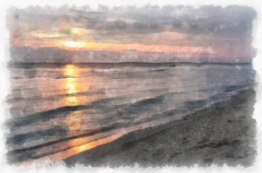 Seaside landscape fishing village and beach watercolor style illustration impressionist painting.