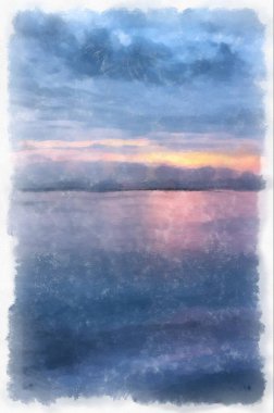 Seaside landscape fishing village and beach watercolor style illustration impressionist painting.