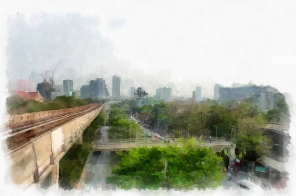 Big City Landscape Watercolor Style Illustration Impressionist Painting — 图库照片