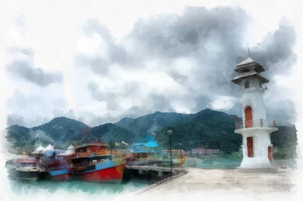Seaside Landscape Fishing Village Beach Watercolor Style Illustration Impressionist Painting — 图库照片