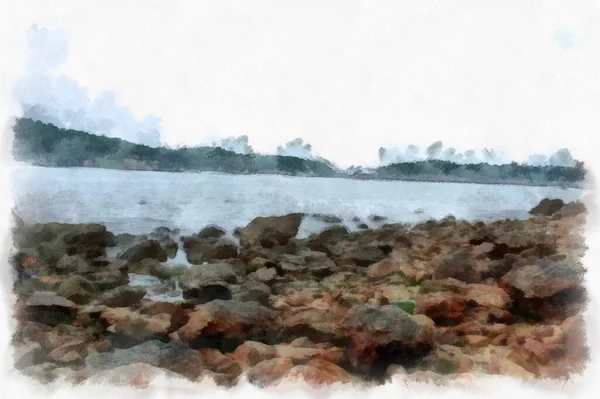 Seaside Landscape Fishing Village Beach Watercolor Style Illustration Impressionist Painting — 图库照片