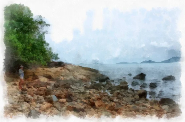Seaside landscape fishing village and beach watercolor style illustration impressionist painting.