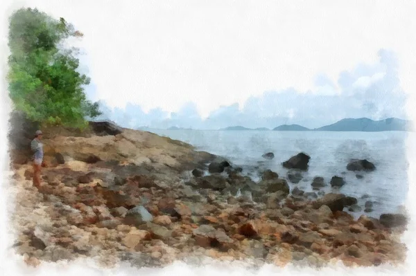 Seaside Landscape Fishing Village Beach Watercolor Style Illustration Impressionist Painting — Fotografia de Stock