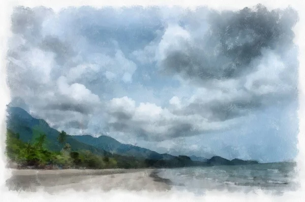 Seaside Landscape Fishing Village Beach Watercolor Style Illustration Impressionist Painting — 图库照片