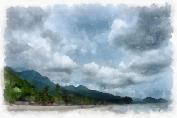 Παραθαλάσσιο Τοπίο Ψαροχώρι Και Παραλία Υδατογραφία Εικονογράφηση Στυλ Ιμπρεσιονιστική Ζωγραφική — Φωτογραφία Αρχείου