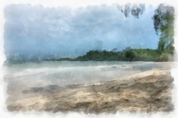 Seaside Landscape Fishing Village Beach Watercolor Style Illustration Impressionist Painting — Stockfoto