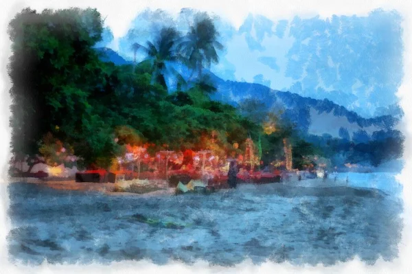 Seaside Landscape Fishing Village Beach Watercolor Style Illustration Impressionist Painting — Stockfoto