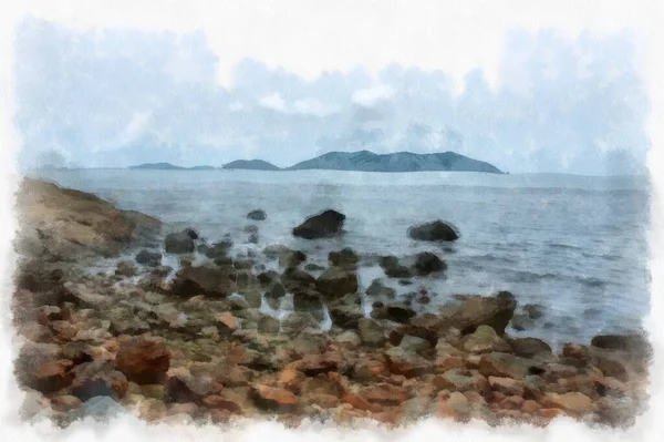 Παραθαλάσσιο Τοπίο Ψαροχώρι Και Παραλία Υδατογραφία Εικονογράφηση Στυλ Ιμπρεσιονιστική Ζωγραφική Φωτογραφία Αρχείου