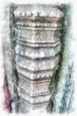 Kadim taş kale ve Tayland suluboya resim çiziminde antik desenler.