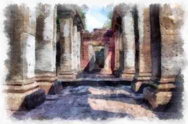 Kadim taş kale ve Tayland suluboya resim çiziminde antik desenler.