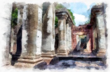 Kadim taş kale ve Tayland suluboya resim çiziminde antik desenler.