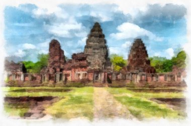 Kadim taş kale ve Tayland suluboya resim çiziminde antik desenler.