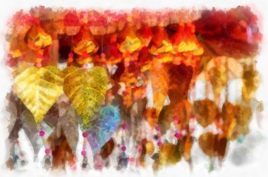 Bodhi leaf shaped wind chime watercolor style illustration impressionist painting.