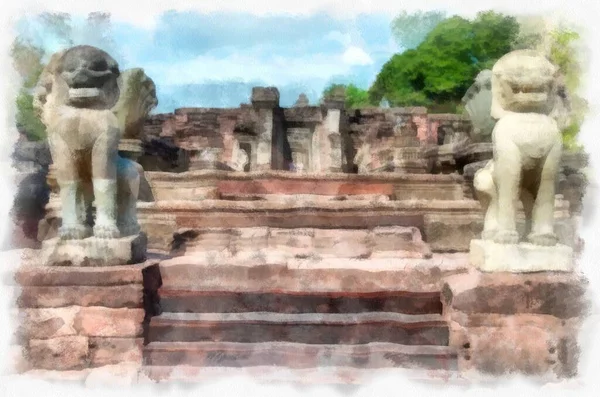 Antiguo Castillo Piedra Arte Patrón Antiguo Tailandia Acuarela Estilo Ilustración — Foto de Stock