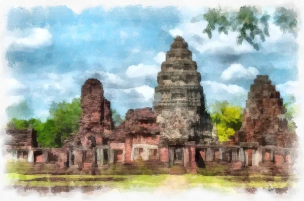 Oude Stenen Kasteel Oude Patroon Kunst Thailand Aquarel Stijl Illustratie — Stockfoto