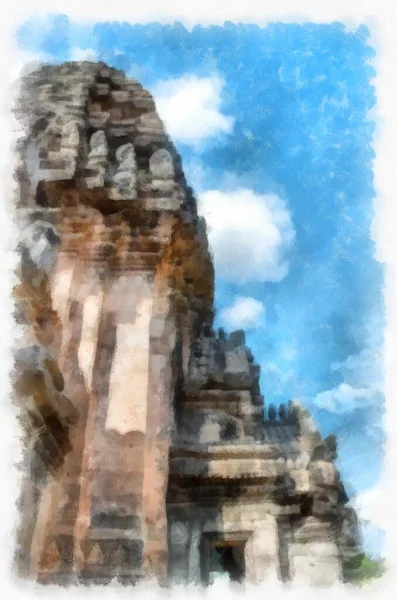 Древний Каменный Замок Древний Узор Искусства Таиланде Акварель Стиль Иллюстрации — стоковое фото