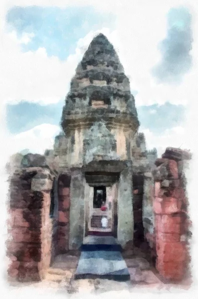 Αρχαία Πέτρινο Κάστρο Και Αρχαία Τέχνη Μοτίβο Στην Ταϊλάνδη Ακουαρέλα — Φωτογραφία Αρχείου