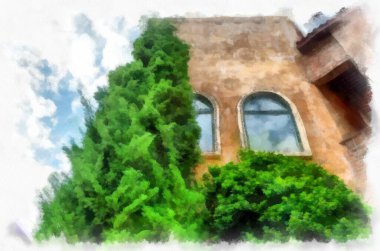 Eski İtalyan köyü mimarisi suluboya resim çizimi çiziyor..