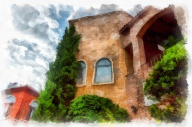 Eski İtalyan köyü mimarisi suluboya resim çizimi çiziyor..