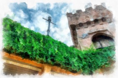 Eski İtalyan köyü mimarisi suluboya resim çizimi çiziyor..