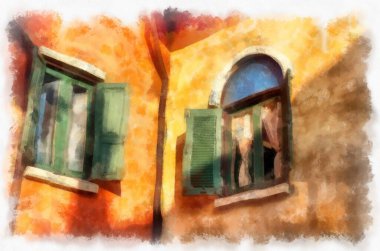 Eski İtalyan köyü mimarisi suluboya resim çizimi çiziyor..