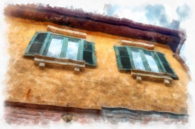 Eski İtalyan köyü mimarisi suluboya resim çizimi çiziyor..