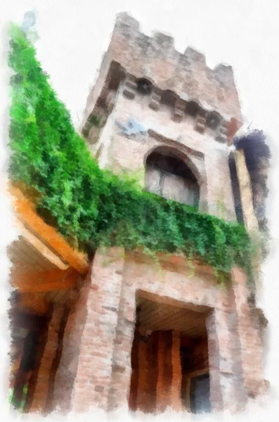 Ancient Italian Village Architecture Building Watercolor Style Illustration Impressionist Painting — Foto de Stock