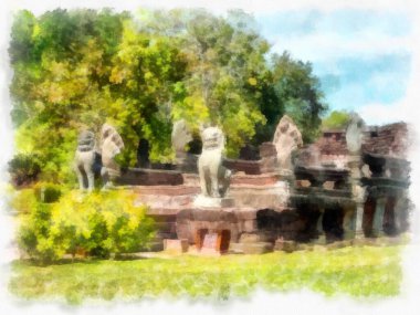 Kadim taş kale ve Tayland suluboya resim çiziminde antik desenler..