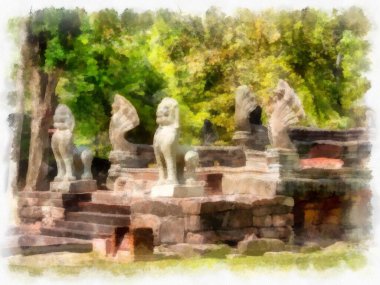 Kadim taş kale ve Tayland suluboya resim çiziminde antik desenler..