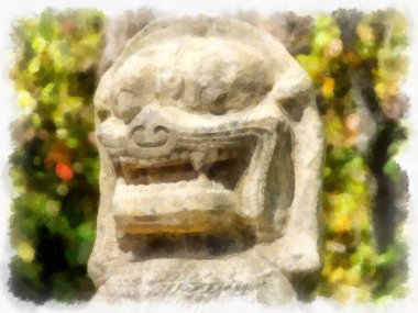 Kadim taş kale ve Tayland suluboya resim çiziminde antik desenler..