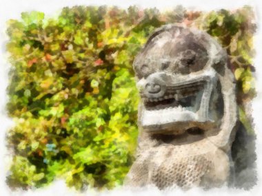 Kadim taş kale ve Tayland suluboya resim çiziminde antik desenler..