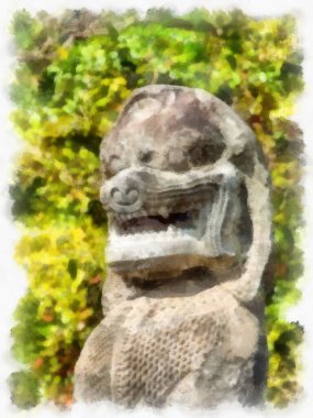 Kadim taş kale ve Tayland suluboya resim çiziminde antik desenler..