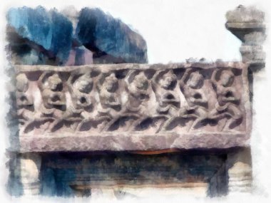 Kadim taş kale ve Tayland suluboya resim çiziminde antik desenler..