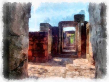 Kadim taş kale ve Tayland suluboya resim çiziminde antik desenler..