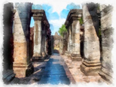 Kadim taş kale ve Tayland suluboya resim çiziminde antik desenler..