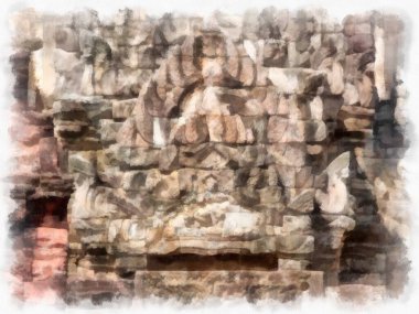 Kadim taş kale ve Tayland suluboya resim çiziminde antik desenler..