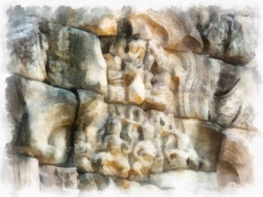 Kadim taş kale ve Tayland suluboya resim çiziminde antik desenler..