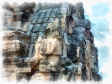 Kadim taş kale ve Tayland suluboya resim çiziminde antik desenler..