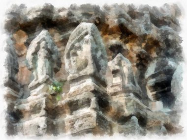 Kadim taş kale ve Tayland suluboya resim çiziminde antik desenler..