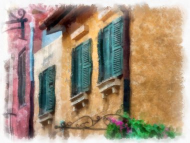 Eski İtalyan köyü mimarisi suluboya resim çizimi çiziyor..