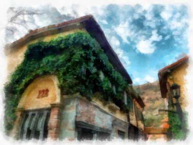 Eski İtalyan köyü mimarisi suluboya resim çizimi çiziyor..