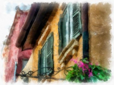 Eski İtalyan köyü mimarisi suluboya resim çizimi çiziyor..