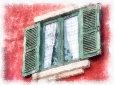 Eski İtalyan köyü mimarisi suluboya resim çizimi çiziyor..