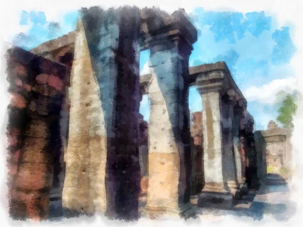 Kadim taş kale ve Tayland suluboya resim çiziminde antik desenler..