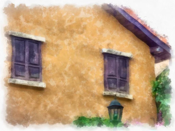 Eski İtalyan köyü mimarisi suluboya resim çizimi çiziyor..